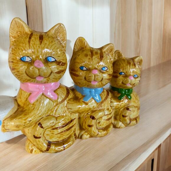 VINTAGE Taiwan 1970 Orange Ginger Tabby Cat Kitten Trio Candle Holder Figurine - Picture 2 of 5